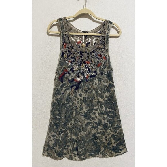 Free People Dress Womens Medium Gray Boho Print Embroidered Sequin Tunic Alpaca - Picture 1 of 6